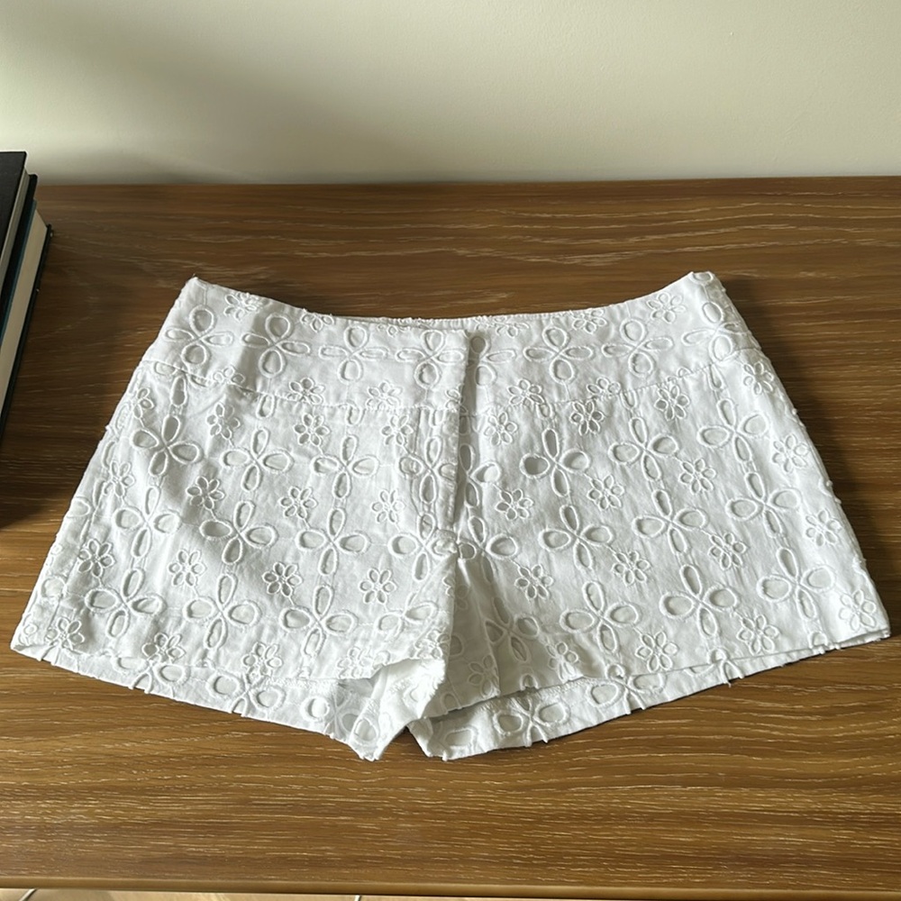 Milly Low Waist White Shorts with Textured Eyelet Design